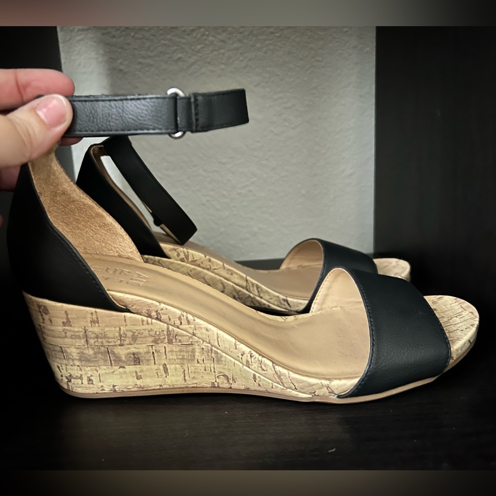 Naturalizer Black Wedge Sandals w/ ankle strap and cork bottom